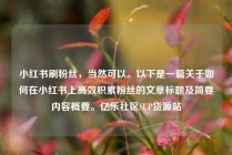 小红书刷粉丝，当然可以。以下是一篇关于如何在小红书上高效积累粉丝的文章标题及简要内容概要。亿乐社区SUP货源站