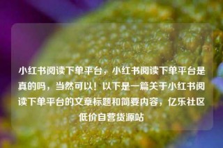 小红书阅读下单平台，小红书阅读下单平台是真的吗，当然可以！以下是一篇关于小红书阅读下单平台的文章标题和简要内容，亿乐社区低价自营货源站