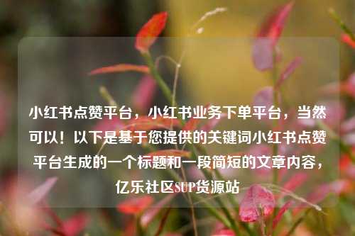 小红书点赞平台，小红书业务下单平台	，当然可以！以下是基于您提供的关键词小红书点赞平台生成的一个标题和一段简短的文章内容，亿乐社区SUP货源站  第1张