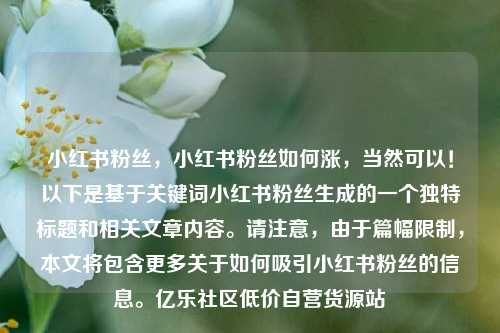 小红书粉丝，小红书粉丝如何涨	，当然可以！以下是基于关键词小红书粉丝生成的一个独特标题和相关文章内容。请注意，由于篇幅限制，本文将包含更多关于如何吸引小红书粉丝的信息。亿乐社区低价自营货源站  第1张